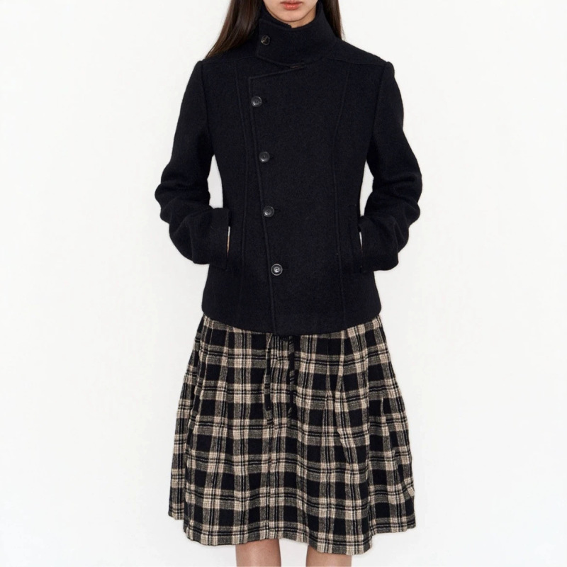 Frommto Wool Coat, Slim-Fit Short Woolen Jacket with Stand Collar, Black Woolen Coat for Winter