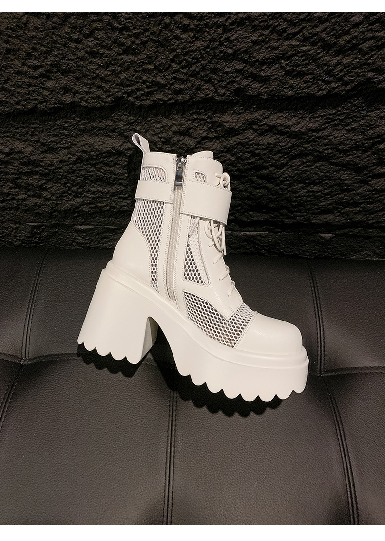 Boot nữ cao gót lưới xuyên thấu phong cách biker, gót thô 9 cm, thoáng khí — màu đen, màu trắng chi tiết 23
