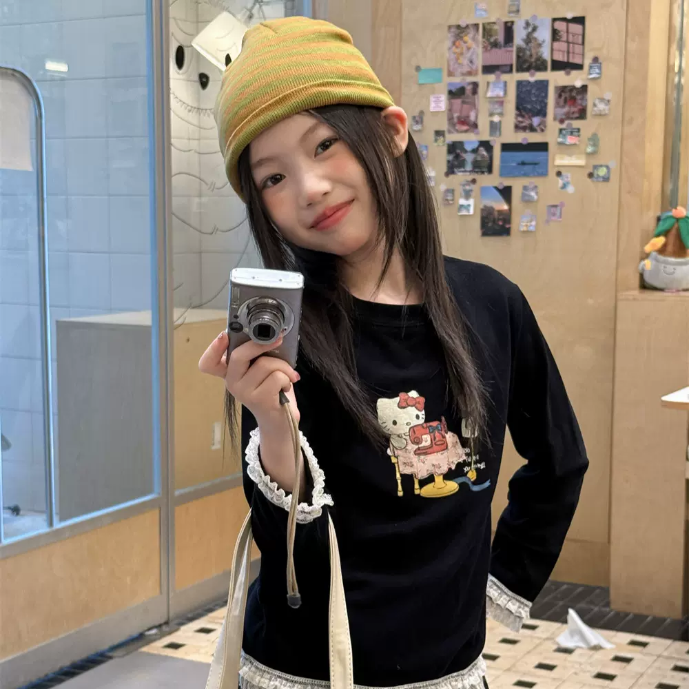 花与寻童装女童上衣2025秋季新款花边袖KT猫设计儿童甜美T恤潮童