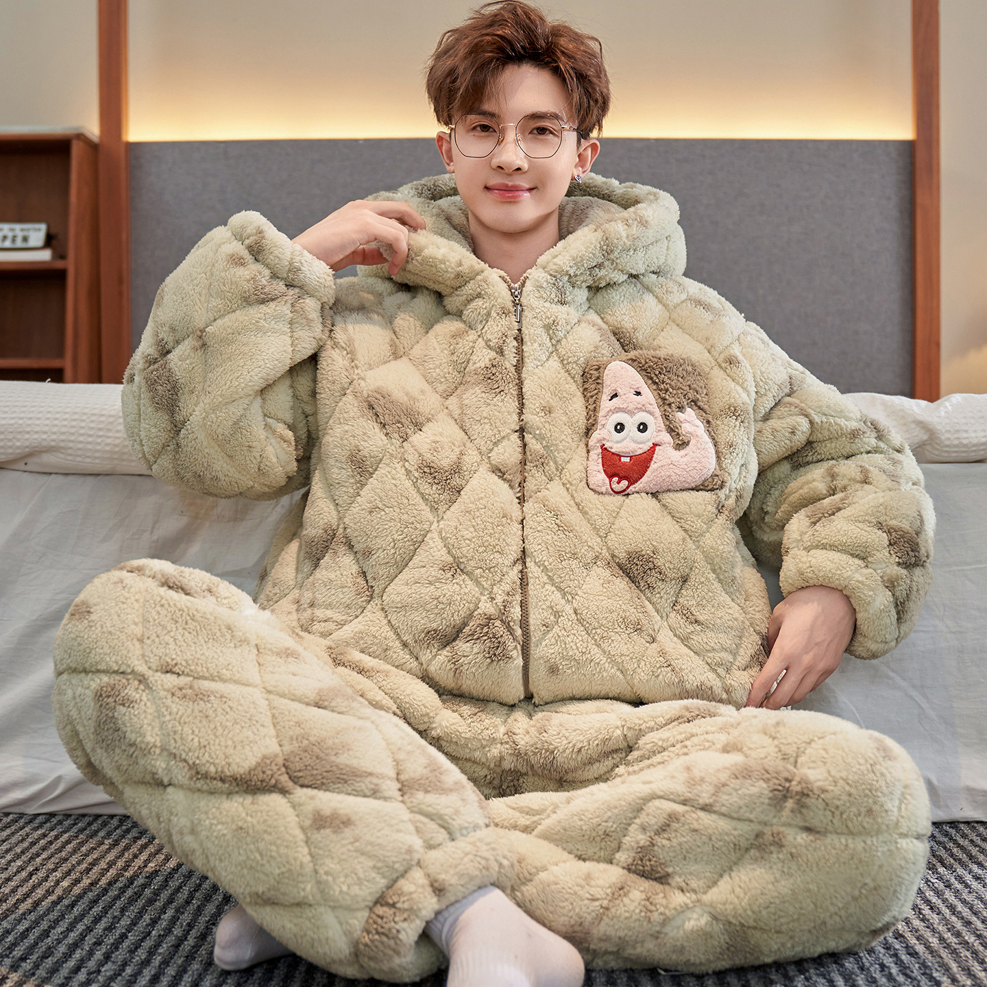 Warm Pajamas Men's Three-Layer Quilted Fleece-Lined Thickeneded 2025 New Men's Coral Velvet Home Wear Suit Winter