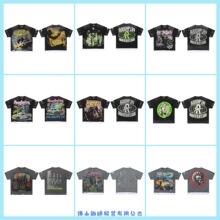 RoughPlay美潮时尚洗水破洞做旧复古印花烫钻拼接短袖夏季潮流T恤