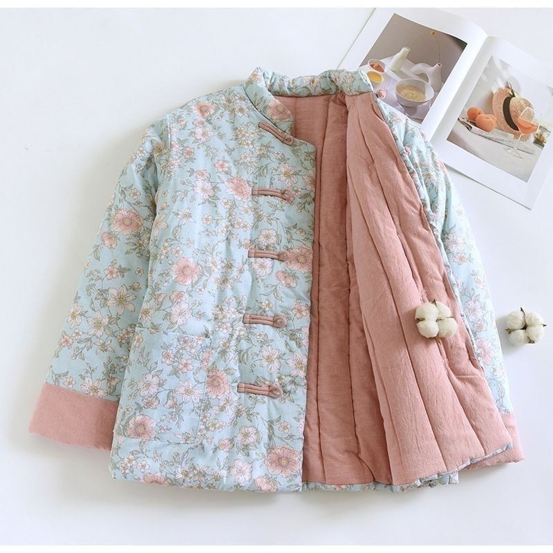 Spring and Winter Cotton-Padded Jacket for Women, Large Size, Lightweight Cotton Coat, Silk Cotton Clothing, Chinese-Style Outerwear, National Style, Warm, Printed, with Traditional Buttons, Other