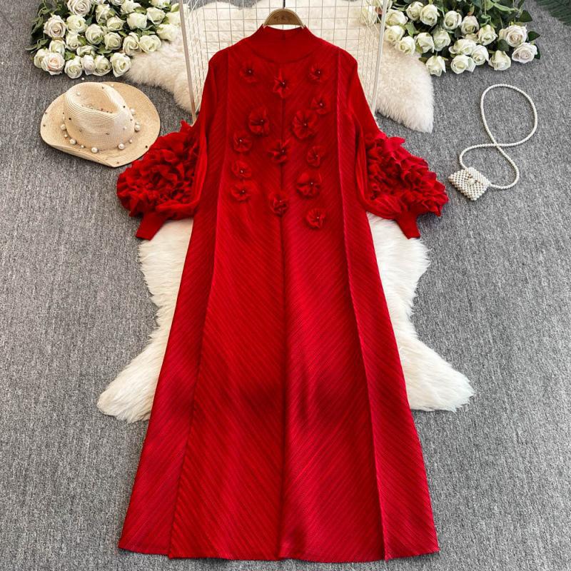Elegant Women's Beaded 3D Floral Dress Pleated Puff Sleeves Slimming Long plus Size Stretchy Spring Style Cross Border_ecoleips.com