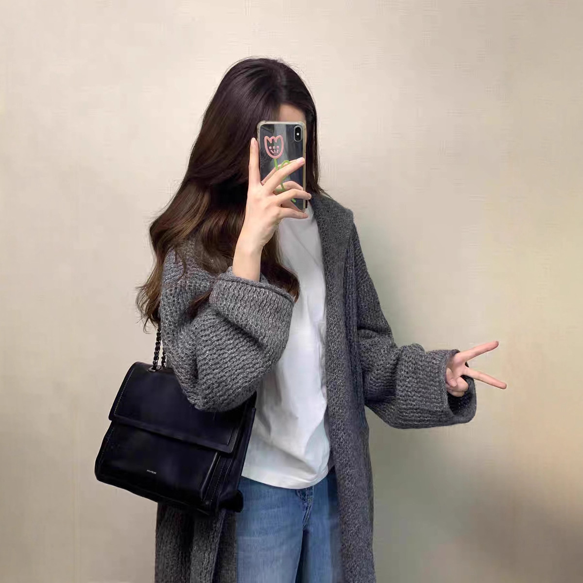 2025 otoño y invierno nuevo estilo coreano de mujer gris suéter con capuz chaqueta larga suelta cardigan de punto perezoso