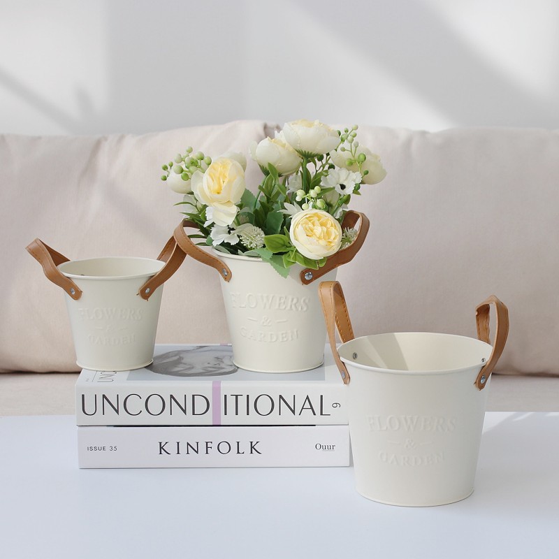 北歐陽台多肉花盆器米色金屬小鐵盆家居收納小桶植物盆景花盆裝飾