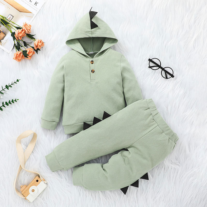 Dinosaur Children's Pants Suit 2021 New Autumn Long-sleeved Solid Color Hooded Two-piece display picture 4