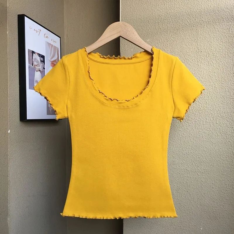 2026 Summer New Style Ruffled U-Neck Short-Sleeve T-Shirt for Women, Solid Color, Slim Fit, Flattering, Suitable for Commuting, Regular Shoulder Top