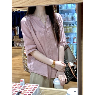 粉色棉麻短袖衬衫女夏季2026新款轻薄款衬衣巨好看的苎麻小衫上衣