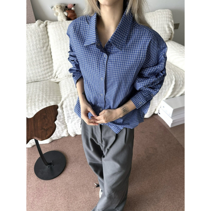 American Trendy Brand Gentleman Navy Blue Plaid Drawstring Miu Long-Sleeved Lapel Shirt Short Wide Casual Top for Men