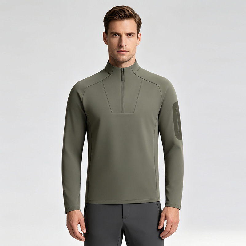 El mismo modelo de la familia di para hombres, medio cremallera, cuello de pie, manga larga, suéter tejido, camisa de ocio al aire libre para viajes urbanos.