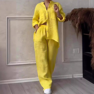 European and American Cross-Border 2025 New Women's Pure Color Single-Breasted Long-Sleeved Shirt Two-Piece Set Wide-Leg Pants Lace-Up Pants for Women