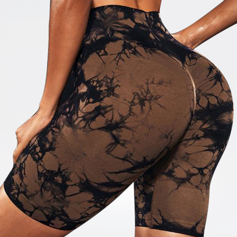 En stock sin costuras Peach Hip tie-dye pantalones cortos de yoga cintura alta slim fit Pantalones deportivos estiramiento transpirable pantalones cortos de fitness