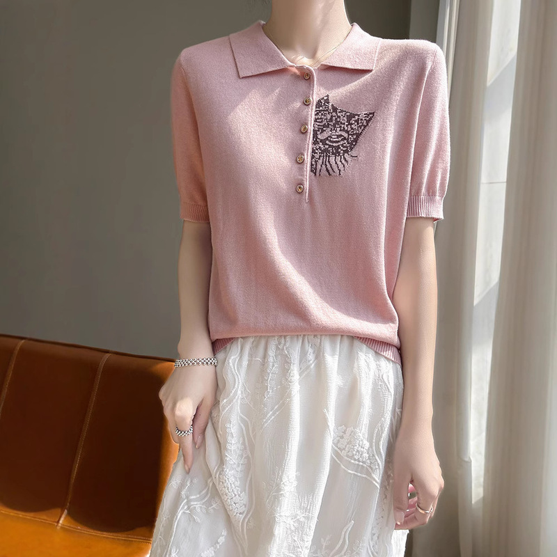 Summer New Arrival Worsted Mulberry Silk Wool Knitted Short-Sleeved T-Shirt Women's POLO Collar Cat Embroidered Thin Top Half Sleeve Summer New Arrival Worsted Mulberry Silk Wool Knitted Short-Sleeved T-Shirt Women's POLO Collar Cat Embroidered Thin Top Half Sleeve