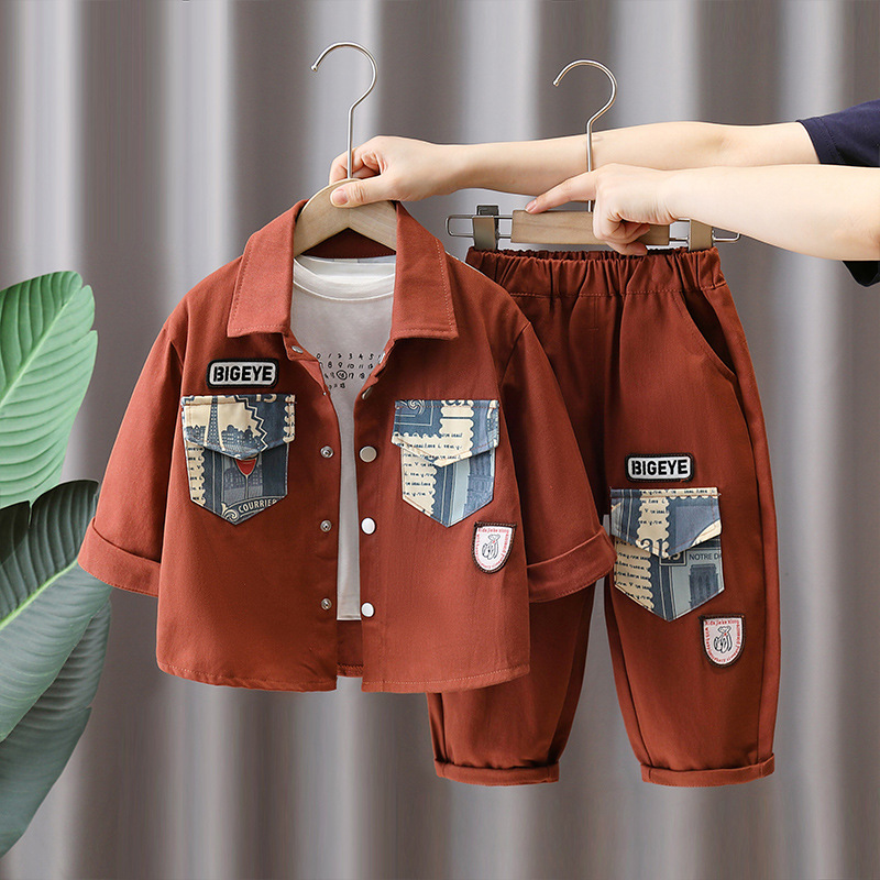 6355 Traje de camisa para niños 2025 nueva ropa de primavera y otoño, chaqueta de costura para niños y niños de moda, hermoso traje de dos piezas de otoño