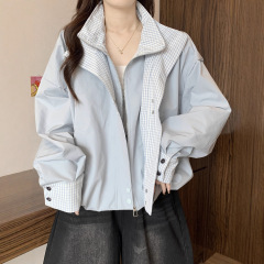 复古假两件格子开衫外套女2025秋季新款女装韩系胖MM夹克女A7515
