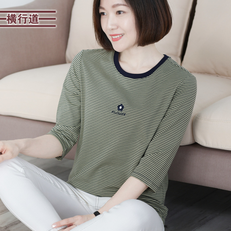 2025新款秋季海军上衣女圆领条纹刺绣妈妈宽松打底衫七分中袖t恤|undefined