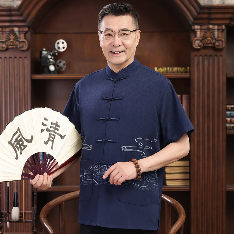 Men's Traditional Chinese Style Tang Suit Suit Summer Short Sleeve Middle-Aged and Elderly Stand Collar Handmade Chinese Fold Buttons Auspicious Cloud and Wave Pattern Breathable for Morning Practice Tai Chi
