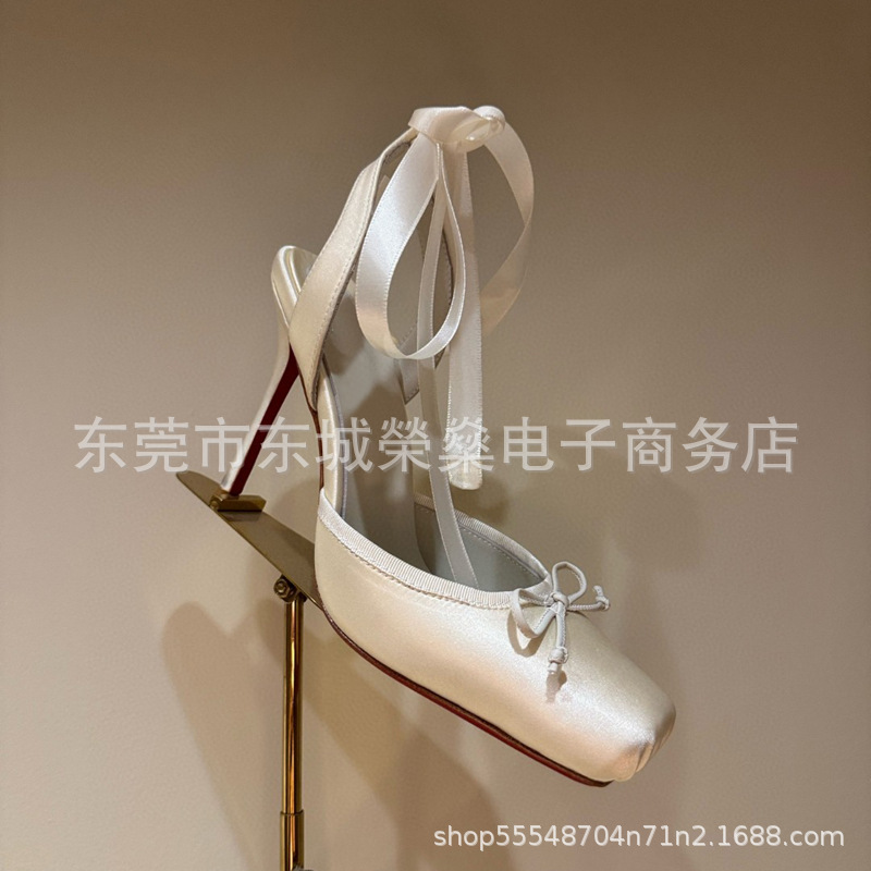 Pig Nose Red Bottom Ballet High Heels Women's Stiletto Heel Shallow Square Toe Bow Toe Wrapped Toe Empty Doll Sandals