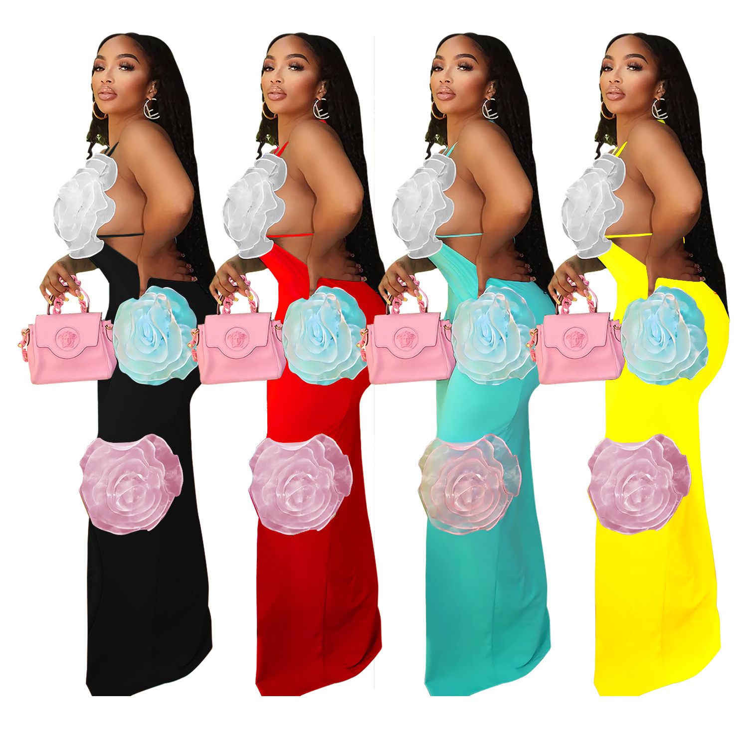 C7048 AliExpress transfronterizo Amazon estación independiente de moda europea y americana ropa de mujer de color sólido vestido de flores nuevas image 6