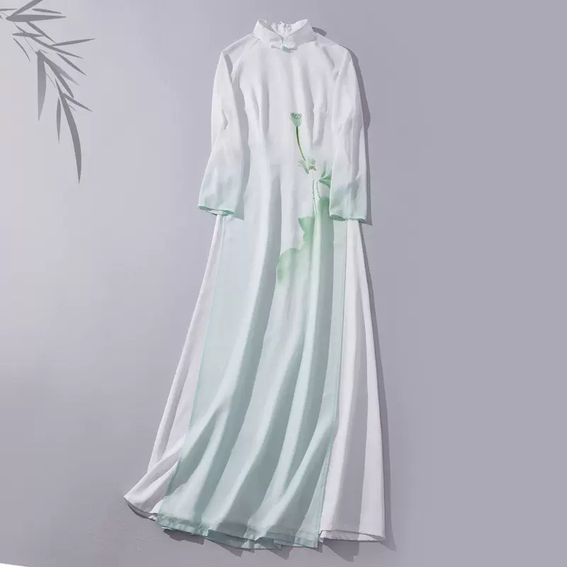 中国风春夏新款原创渐变珍珠纱民族风盘扣改良旗袍奥黛修身连衣裙