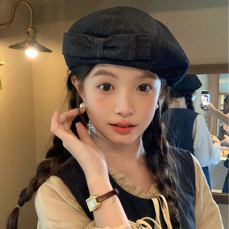 早秋甜美百搭蝴蝶结贝雷帽女复古文艺牛仔简约八角帽报童画家帽子|undefined