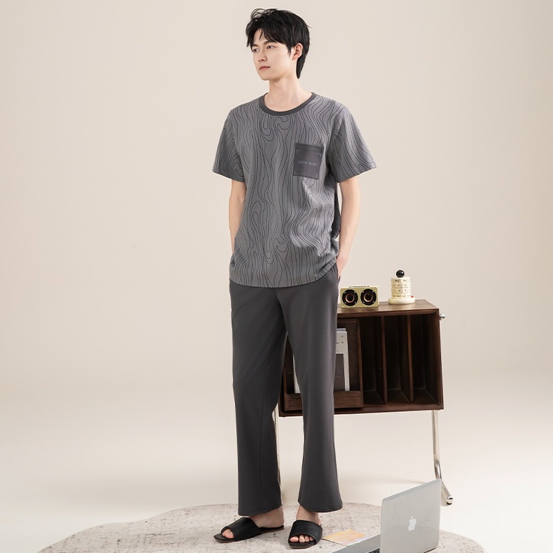 日系カジュアル純綿パジャマ男性夏半袖長ズボンセット男性はシンプルな純色家庭服セットを着ることができる|undefined