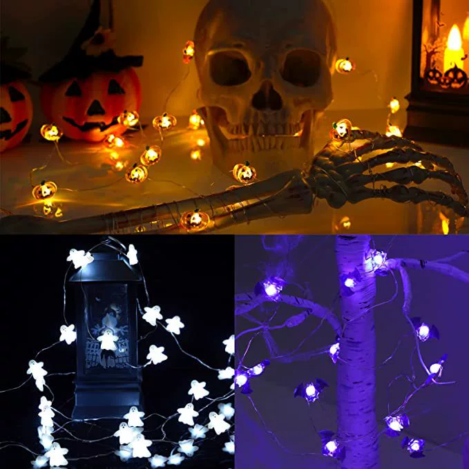 Светодиодная гирлянда на медной проволоке Halloween, тыква/летучая мышь/привидение, 2–5 м, батарейный блок