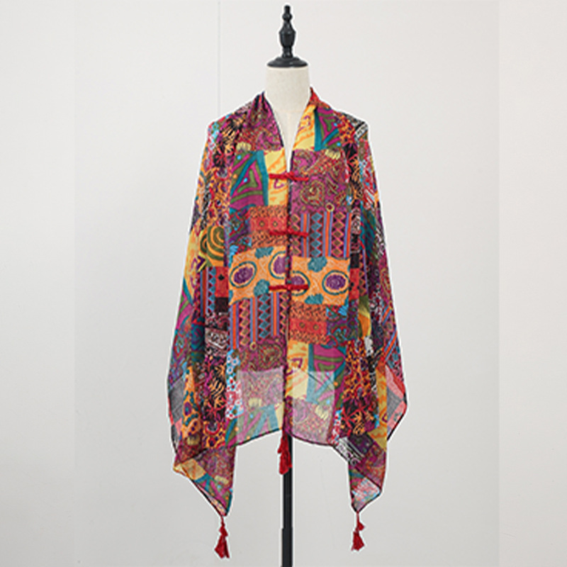 Chal de verano con falda, estampado de verano, nuevo estilo chino, bufanda de seda con hebilla, chal de protección solar, chaleco pequeño