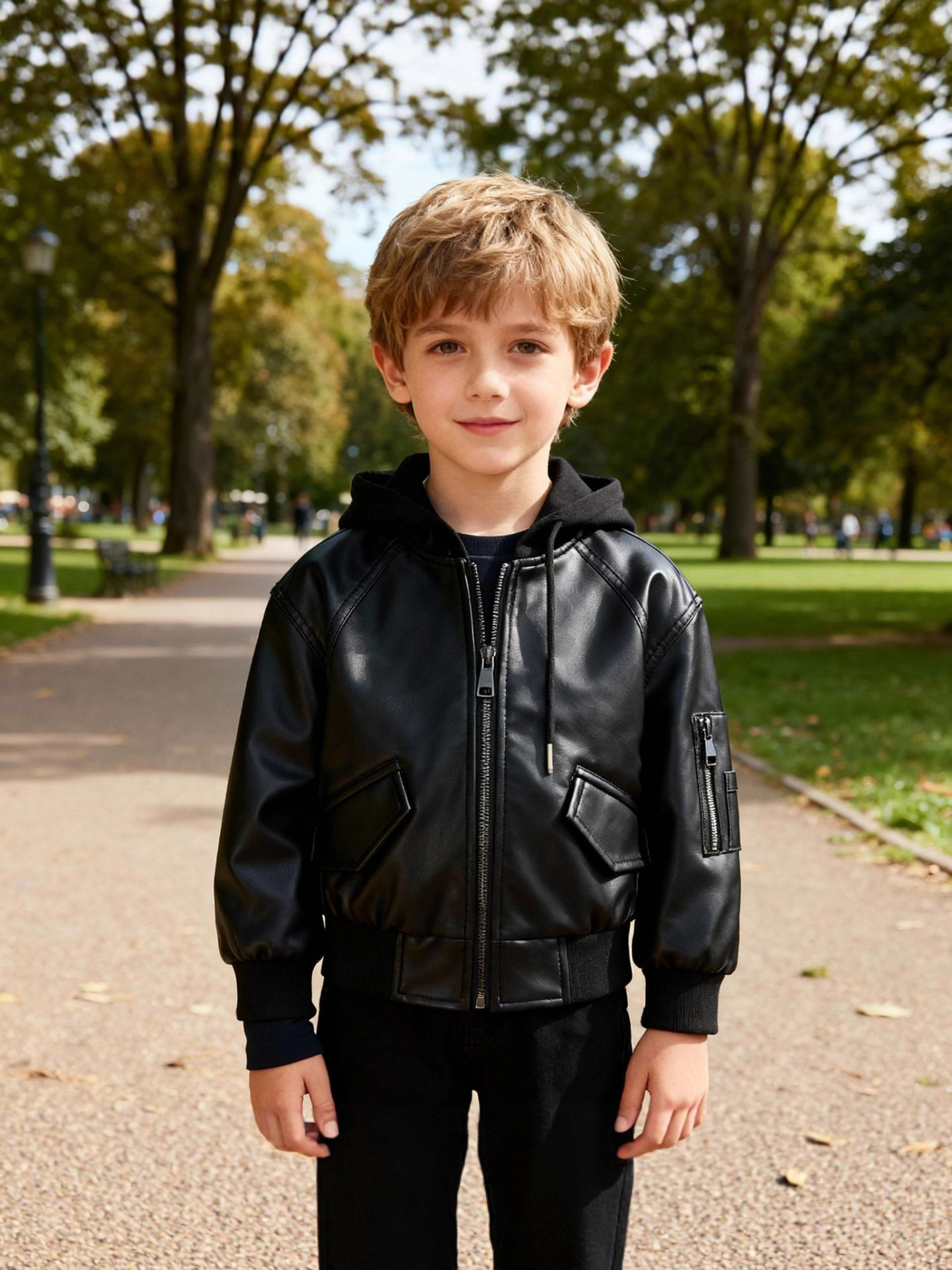 Polyurethane children's demi-season jacket for boys with hood