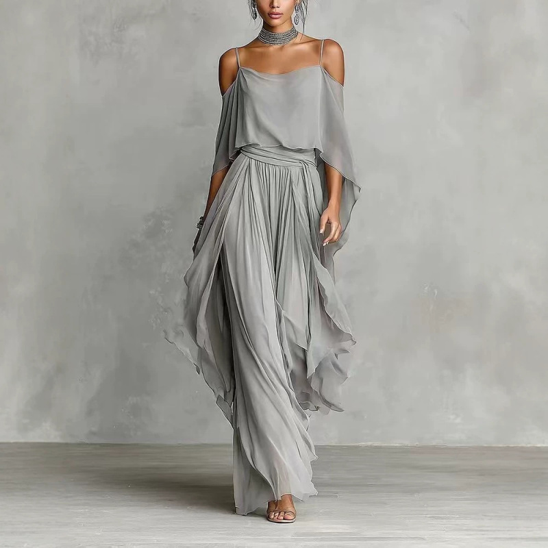 Cross-Border Aliexpress Hot-Selling European and American Style Draped Off-Shoulder Sleeveless Solid Color Minimalist Loose-Fitting Elegant Dress