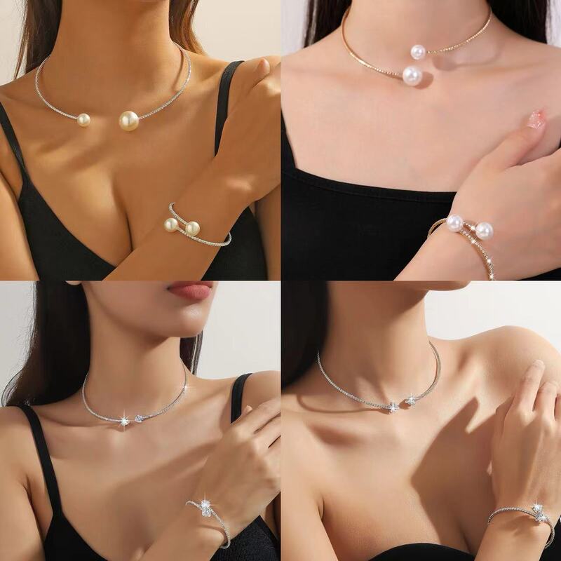 European and American Cross-Border Best-Selling Necklace, Bracelet, and Earring Set with Pearls, Zircon, Heart-Shaped, Round, Fashionable, Versatile, and Elegant European and American Cross-Border Best-Selling Necklace, Bracelet, and Earring Set with Pearls, Zircon, Heart-Shaped, Round, Fashionable, Versatile, and Elegant