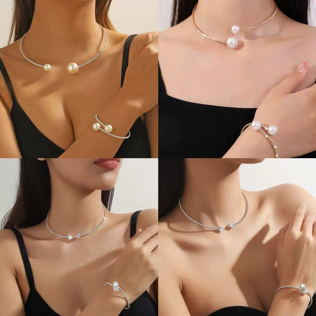 欧美跨境热销项圈手镯耳钉套装珍珠锆石爱心圆形时尚百搭气质