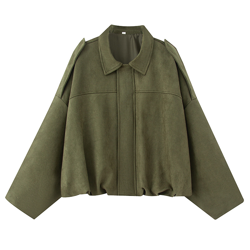 2025 Spring and Autumn New European and American Style Solid Color Loose Long Sleeve Jacket Suede Temperament Green Jacket for Women