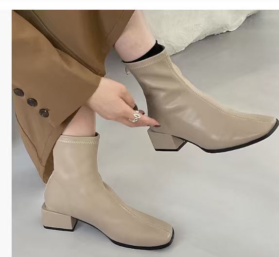 카키 609 골드 9 스퀘어 토 부츠 4 힐 하이 플러스 벨벳