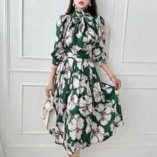 法式复古印花系带蝴蝶结衬衫两件套跨境女装秋季新时尚大摆裙套装