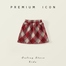 女童毛呢半身裙2025秋装新款中小童韩版红色复古格纹A字裙代发