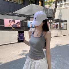 灰色假两件挂脖吊带背心女夏季外穿带胸垫辣妹风修身短款无袖上衣