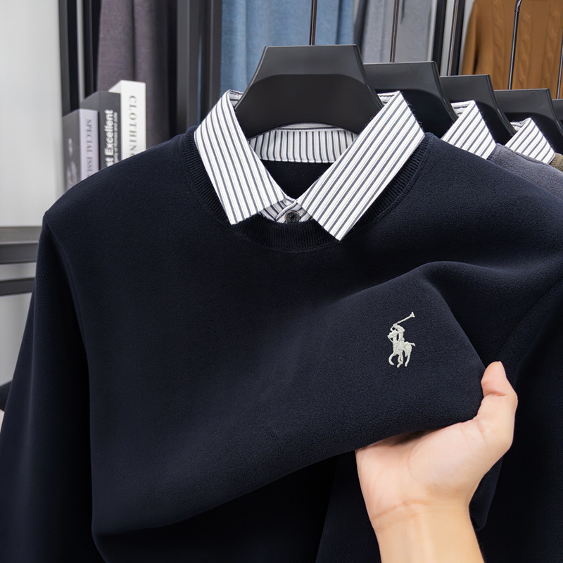 Fleece-Lined Thick Men's Sweater New Shirt Collar Fake Two-Piece Winter Warm Knit Base Shirt Dense Fleece Self-Heating