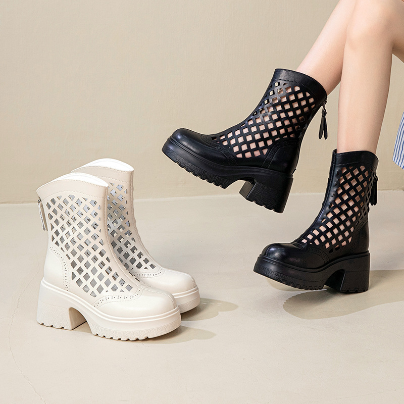 7cm Genuine Leather Hollow Martin Boots for Women, 2026 Summer New Breathable Women's Sandals, Non-Slip Versatile Thin Slim Boots