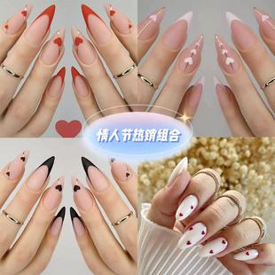Cross-Border Hot-Selling Long Almond-Shaped Nail Tips Valentine's Day Collection Heart Simple French Line Long Press-On Nails