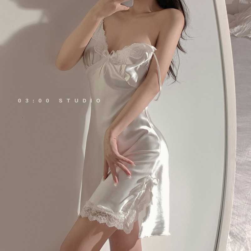 Verano sexy pijamas de seda del hielo Las Mujeres satén fino gasa Correa nightdress encaje tentación caliente desgaste casero