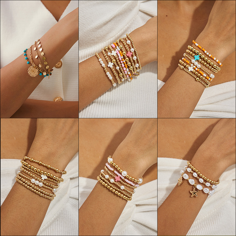 European and American Cross-Border New Fashion Stylish Stacked Hand Jewelry Cross Imitation Pearl Ccb Beaded Women's Bracelet Set