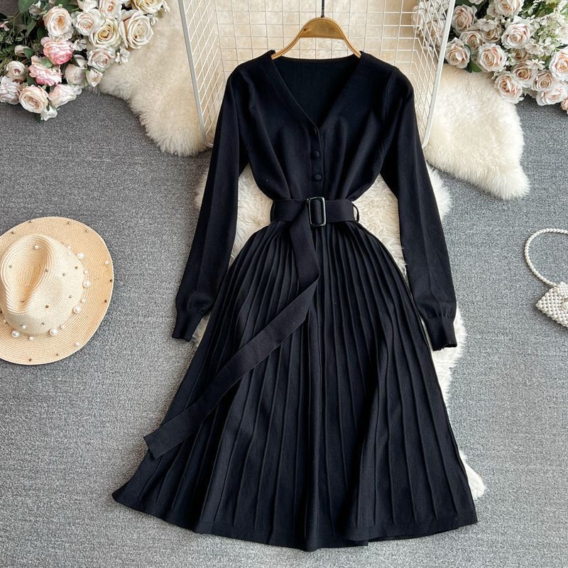 Abbigliamento da donna elegante temperamento scollo a V vita snellente medio e lungo abito in maglia plissettata linea A_voghion.com