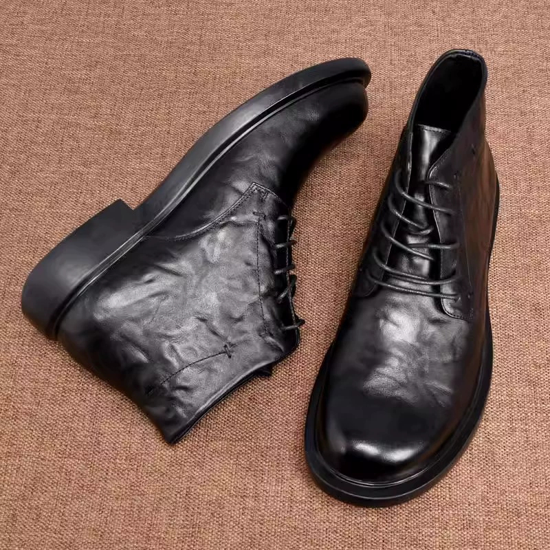 Мужские осенние ботинки из натуральной кожи, повседневные модные короткие ботинки, с круглым носком, средней высоты, черные, стильные, на флисовой подкладке.