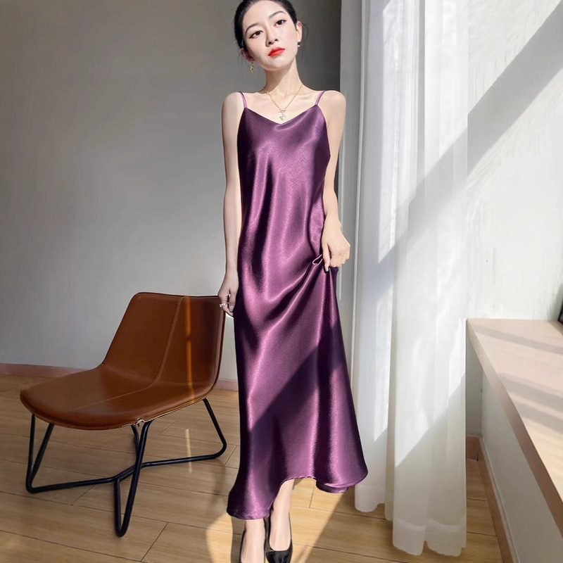 Gilded Satin Ribbon Suspender Skirt 2025 Summer New Acetate Satin Draped Suspender Dress Anti-Silk Long Skirt
