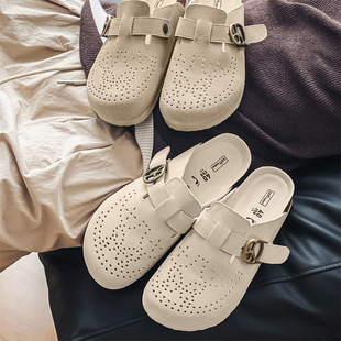 Spring 2025 Vintage Birkenneth Shoes Baotou Slippers Women's Hollow Breathable Lazy Slip-on Casual Muller Shoes Women