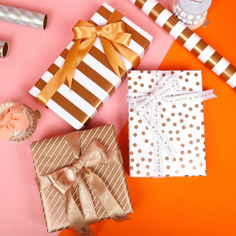 Large Size Roll Paper Gold Foil Metallic Gift Wrapping Paper Valentine's Day Birthday Gift Wrapping Paper Wave Dot Stripe