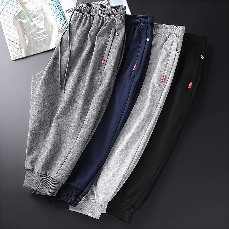8XL Large Size Export Summer New Cotton Cropped Pants Men's Sports Loose Breathable Pants Solid Color Straight Pants
