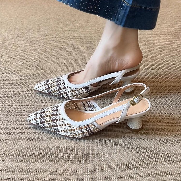 French Braided Color-Blocked Pointed-Toe High-Heeled Sandals for Women, Summer Mesh Toe-Back Sandals, Versatile Casual Sandals