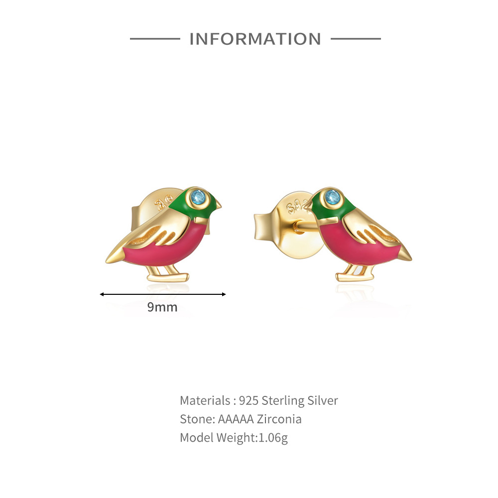 1 Pair Simple Style Parrot Enamel Sterling Silver Ear Studs display picture 2